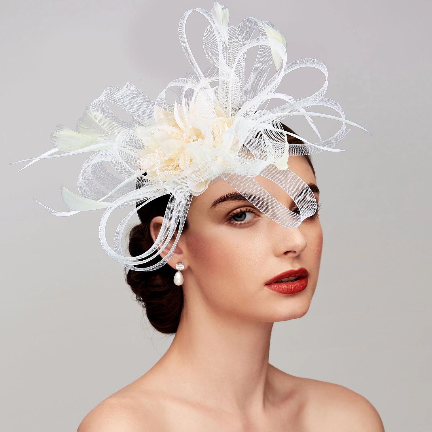 Wholesale Elegant Fascinator Hats Net Mesh Tulle Headpiece Clip Headband with Feather Flower Floral Kentucky Derby Wedding Tea Party Horse Race Church Cocktail Vintage for Women